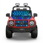 Voiture électrique enfant 12V rouge style 4x4 avec phares LED, grandes roues noires et sièges doubles pour petits conducteurs