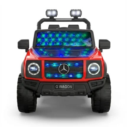 Voiture électrique enfant 12V rouge style 4x4 avec phares LED, grandes roues noires et sièges doubles pour petits conducteurs