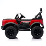 Voiture électrique enfant 12V rouge style 4x4 avec phares LED, grandes roues noires et sièges doubles pour petits conducteurs