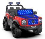 Voiture électrique enfant 12V rouge style 4x4 avec phares LED, grandes roues noires et sièges doubles pour petits conducteurs